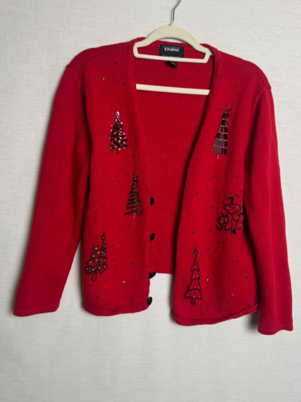 Studio Joy Red Beaded Christmas Tree Cardigan Sweater L